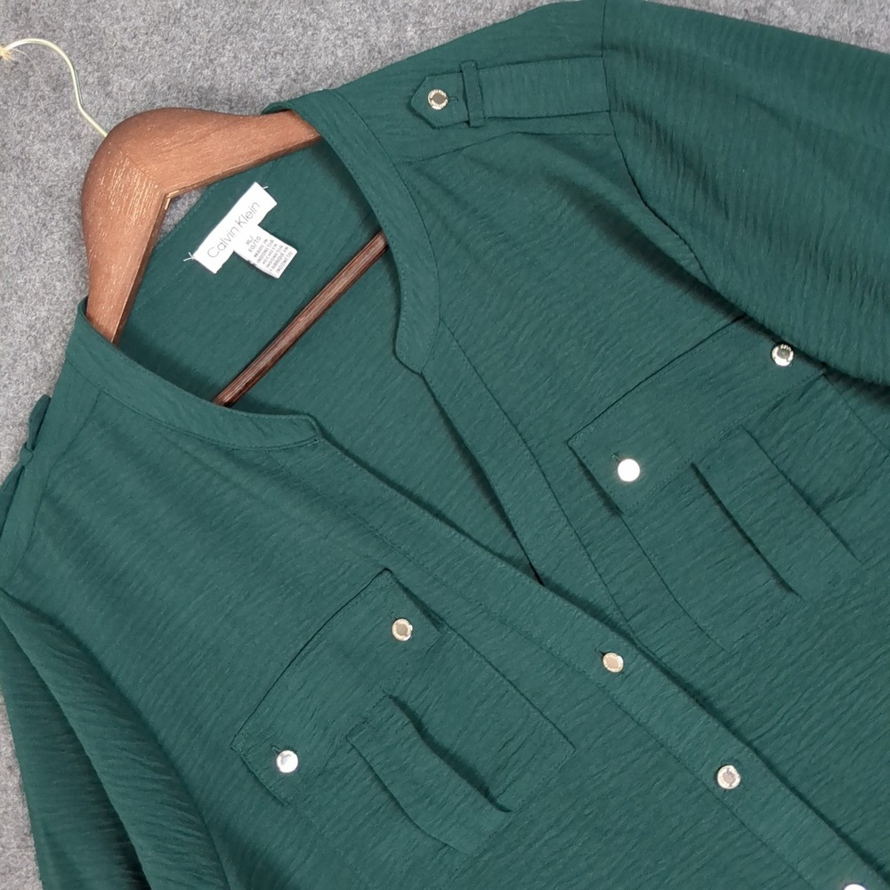 Calvin Klein Womens XL Dark Green Roll Tab Sleeve Utility Button Up Blouse Shirt